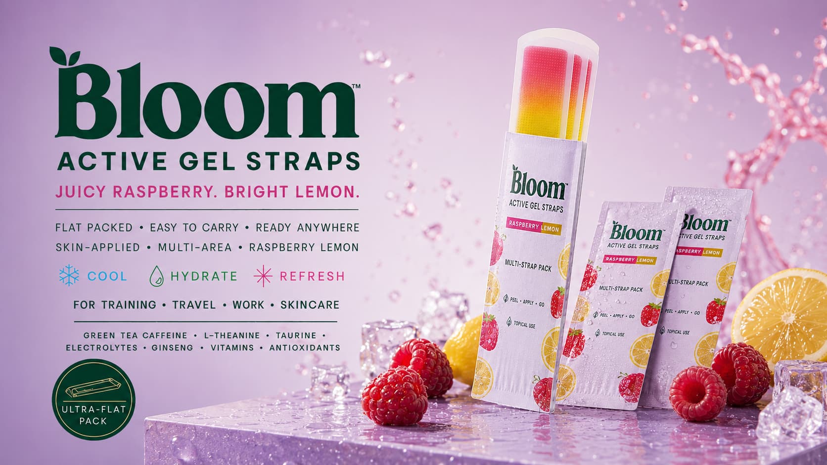 Bloom Active Gel Straps Raspberry Lemon packs on a lilac surface