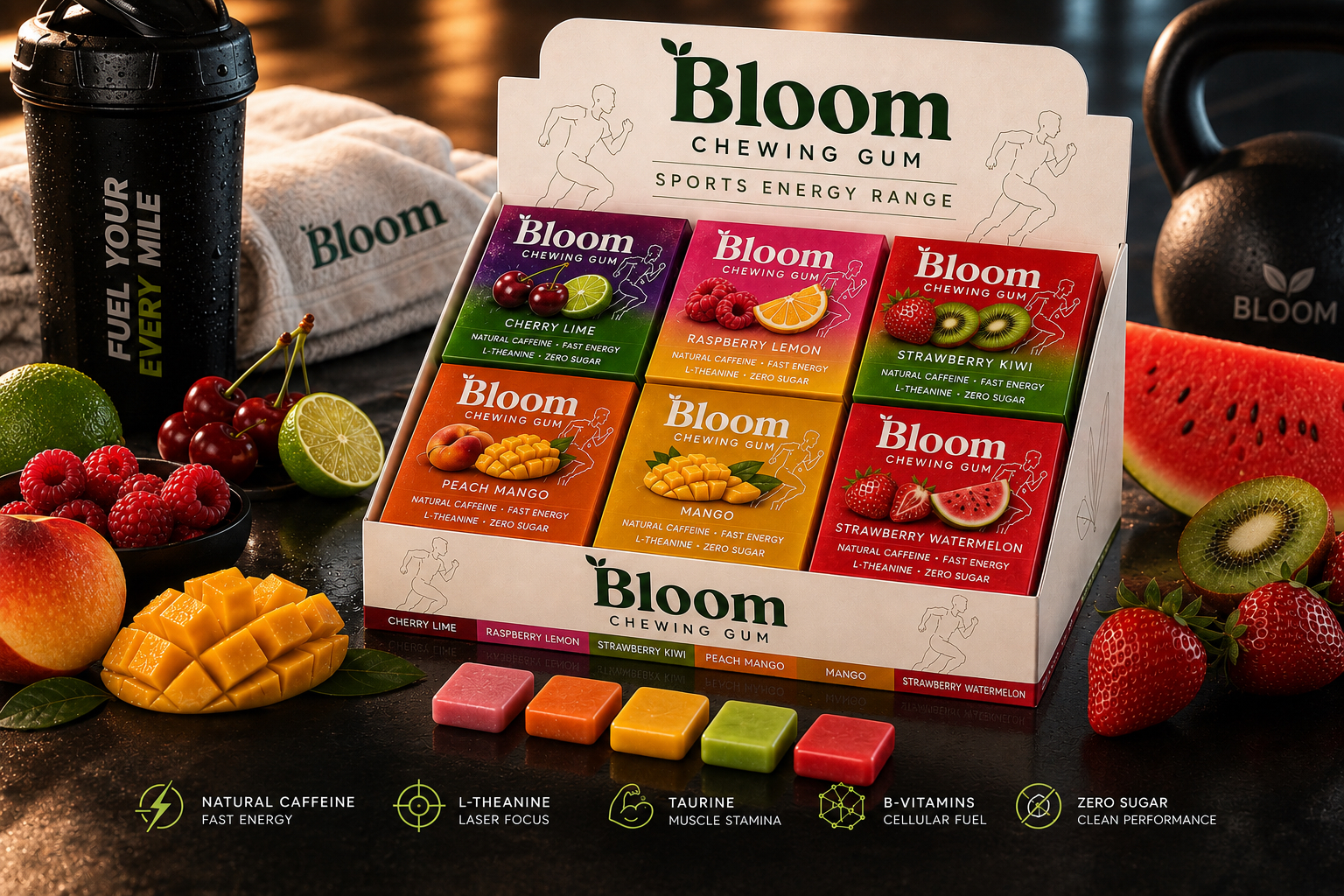 Bloom Chewing Gum sports energy range counter display with six flavours