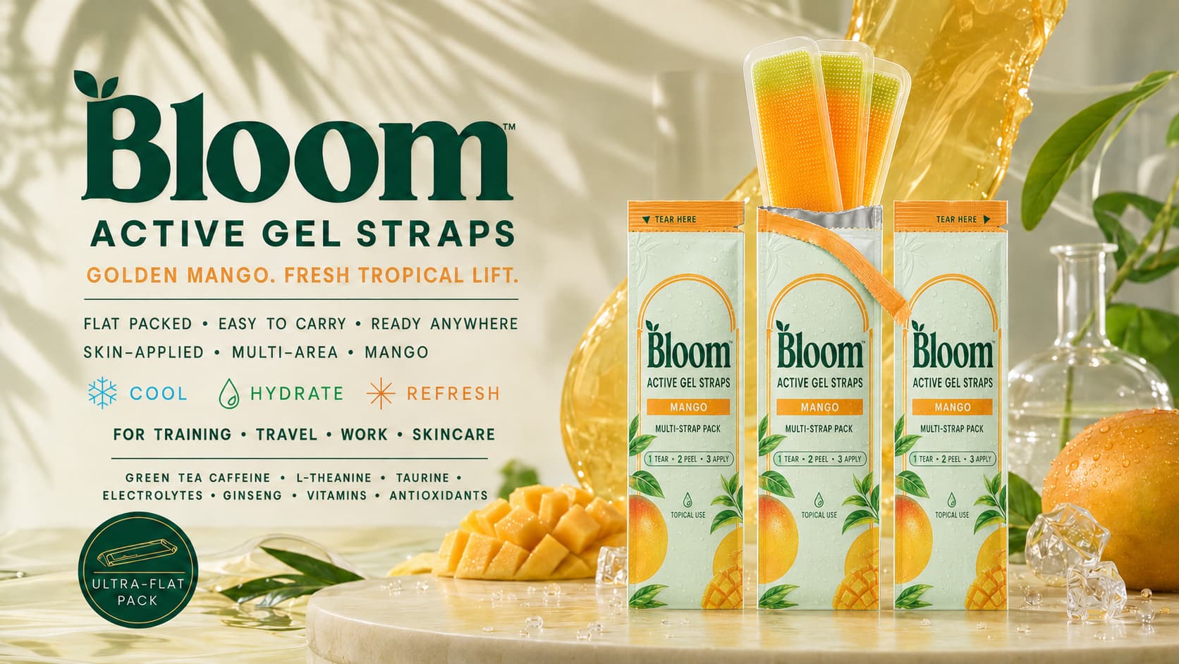 Bloom Active Gel Straps Mango multi-strap packs on a marble table