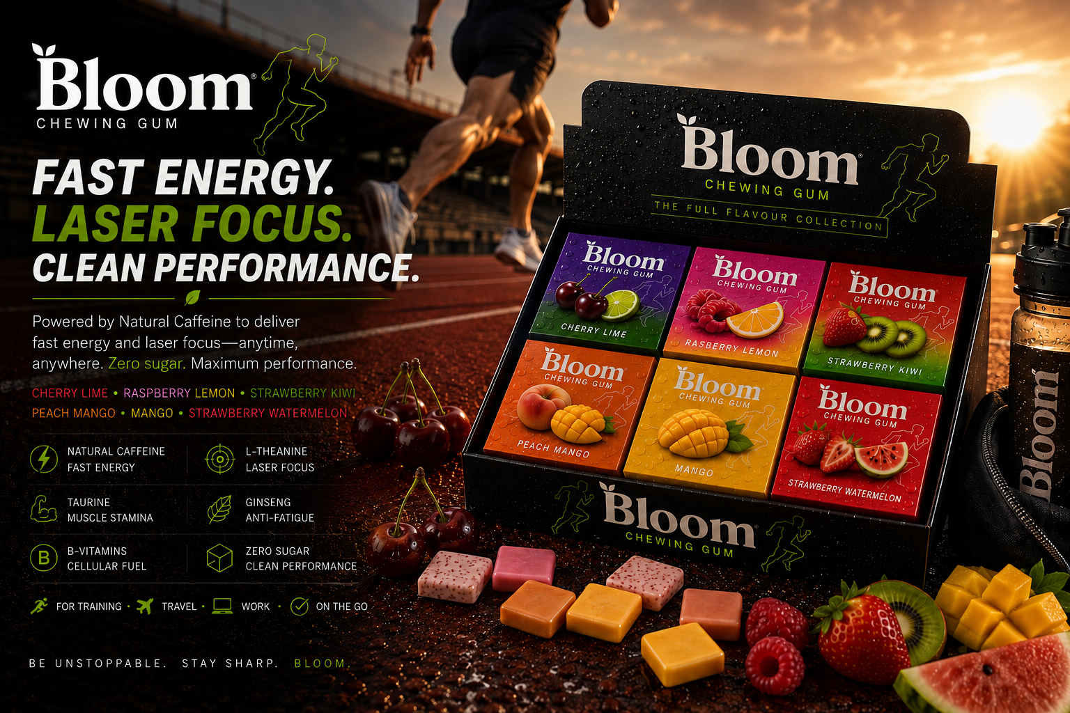 Bloom Chewing Gum sports energy range on a running track at sunset
